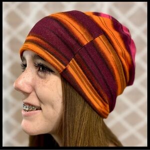 Striped Orange and Pink Beanie- Slouch Cap Headband Multi Color